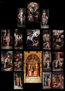 Conjunto de las quince pinturas de Pedro de Campaña que componen el retablo. (Cortesía de http://www.santanatriana.org/).